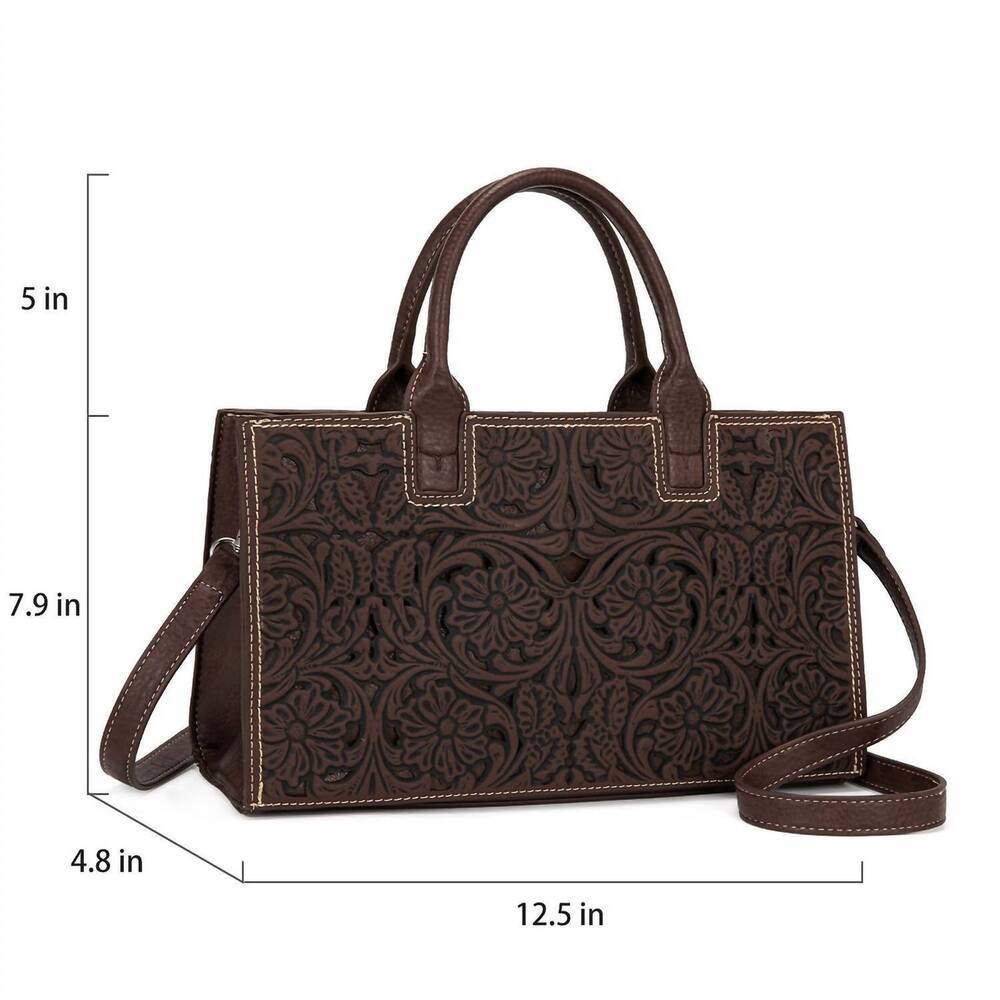NEW TRINITY RANCH floral tooled leather western satchel tote bag in coffee